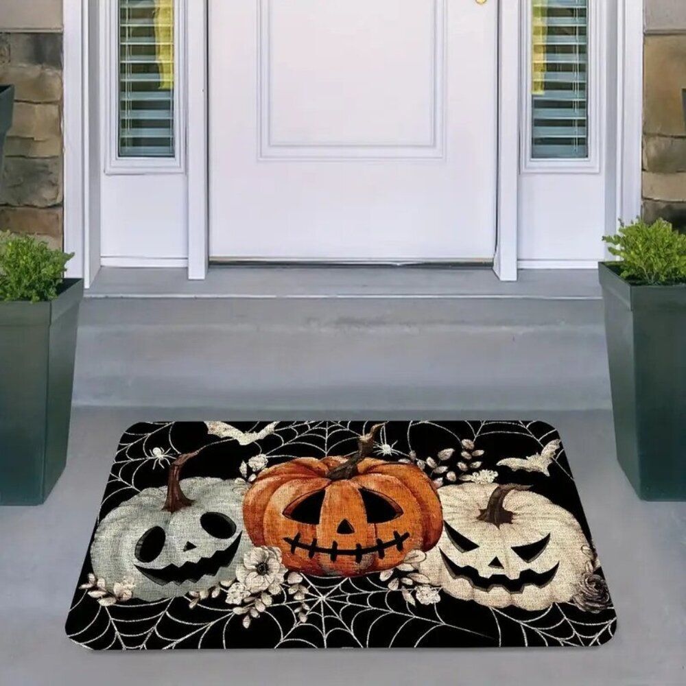 Halloween Doormat - Cute Black Pumpkins & Spider Web Design 23.62x35.43